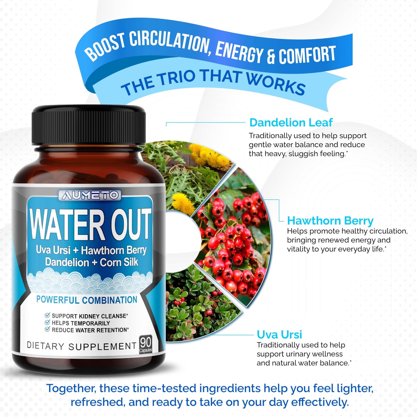 AUMETO Water Out Pills – Uva Ursi, Hawthorn Berry, Dandelion & Corn Silk (90 Count) – Kidney & Stomach Support