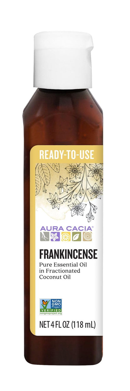 Aura Cacia Ready-to-Use Frankincense Essential Oil in Fractionated Coconut Oil – 4 fl oz | GC/MS Tested