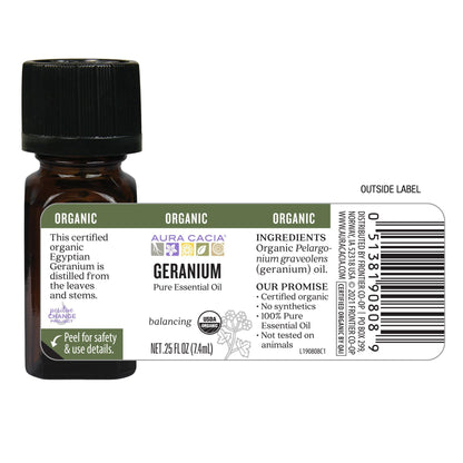 Aura Cacia 100% Pure Geranium Essential Oil | Certified Organic, GC/MS Tested for Purity | 7.4 ml (0.25 fl. oz.) | Pelargonium graveolens