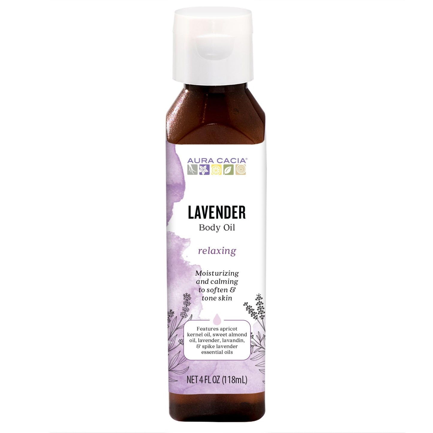Aura Cacia Body Oil – Relaxing Lavender (4 oz) | Soothing Massage & Bath Oil
