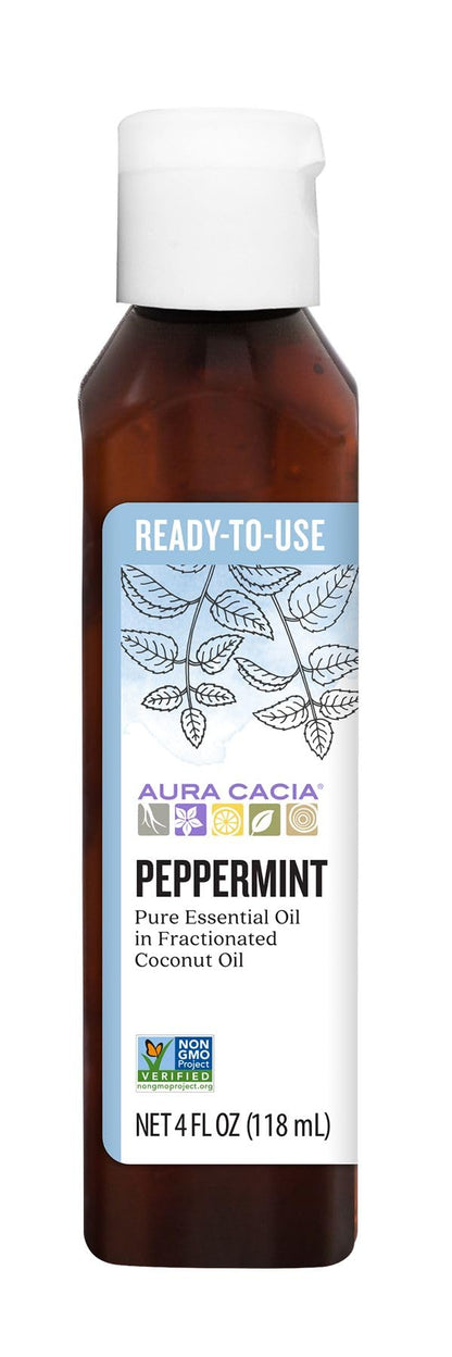 Aura Cacia Ready-to-Use Peppermint Essential Oil in Fractionated Coconut Oil – 4 oz | GC/MS Tested for Purity