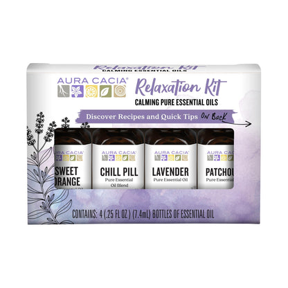 Aura Cacia Essential Oil Relaxation Kit, 4-Pack: Lavender, Patchouli, Sweet Orange, Chamomile, Sweet Basil & Learning Guide