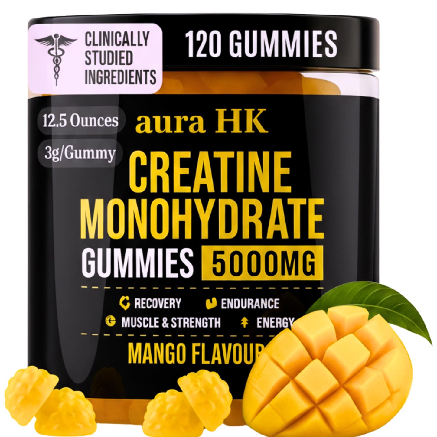 aura HK Creatine Monohydrate Gummies 5000mg 120 Count Sugar Free for Men & Women - Mango Flavor Vegan Creatine Supplement for Muscle Strength, Energy, Endurance & Workout Gummies