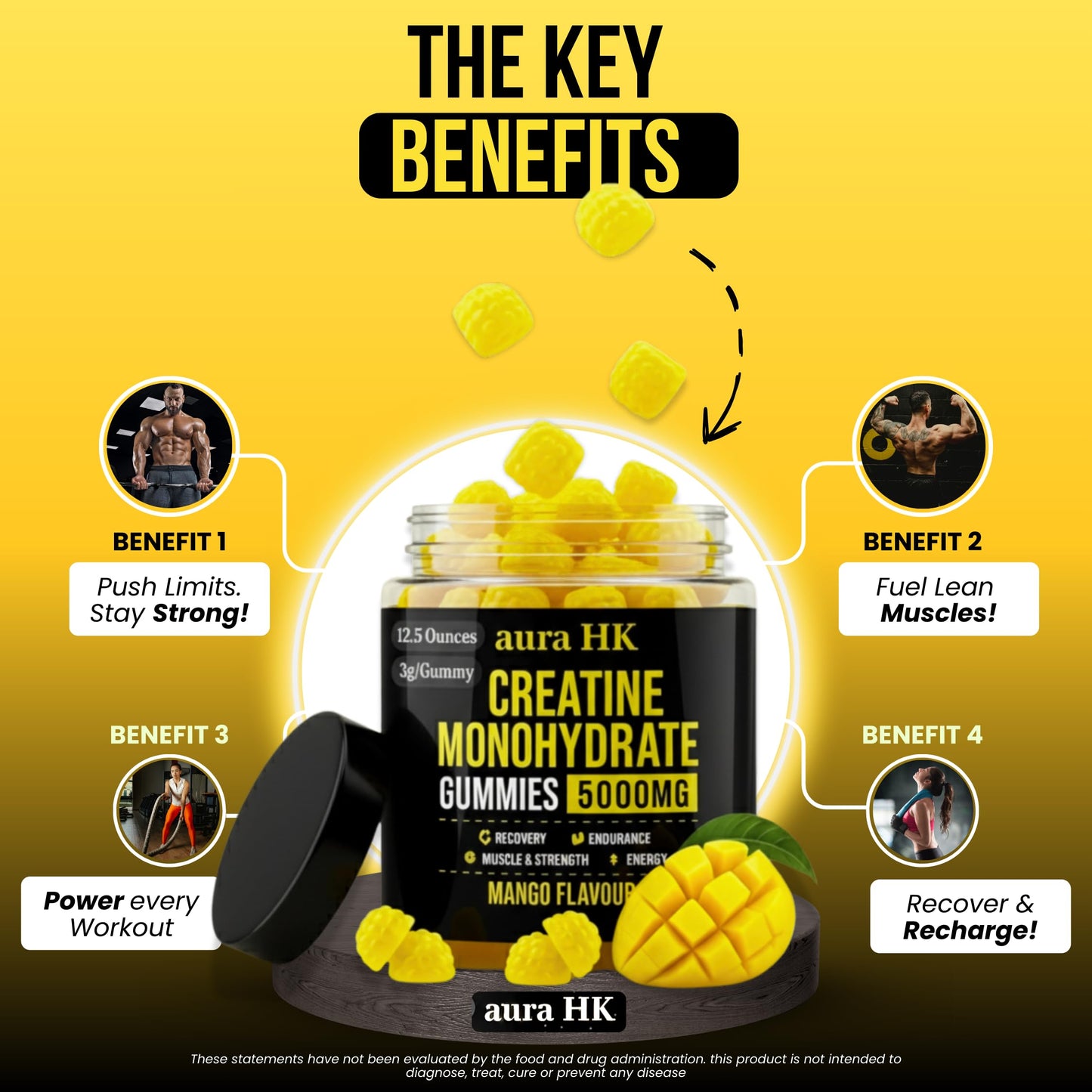 aura HK Creatine Monohydrate Gummies 5000mg 120 Count Sugar Free for Men & Women - Mango Flavor Vegan Creatine Supplement for Muscle Strength, Energy, Endurance & Workout Gummies