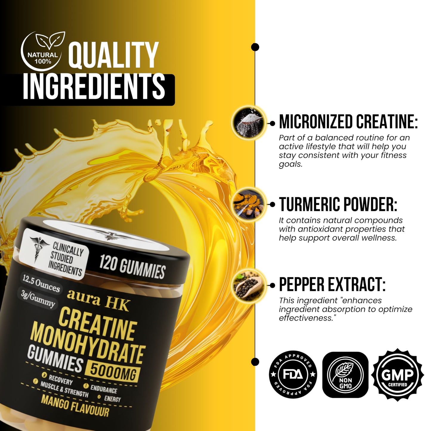 aura HK Creatine Monohydrate Gummies 5000mg 120 Count Sugar Free for Men & Women - Mango Flavor Vegan Creatine Supplement for Muscle Strength, Energy, Endurance & Workout Gummies