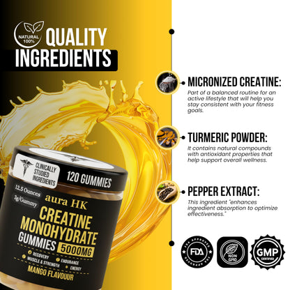 aura HK Creatine Monohydrate Gummies 5000mg 120 Count Sugar Free for Men & Women - Mango Flavor Vegan Creatine Supplement for Muscle Strength, Energy, Endurance & Workout Gummies
