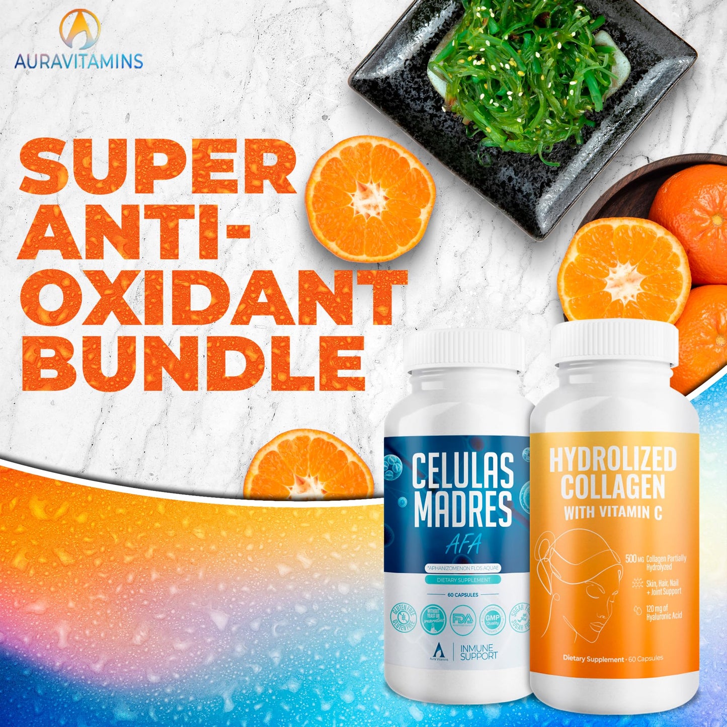 Aura Vitamin Mega Antioxidant Bundle – Hydrolyzed Collagen & AFA Stem Cell | Celula Madre Skin, Hair & Nails (60 Capsules)