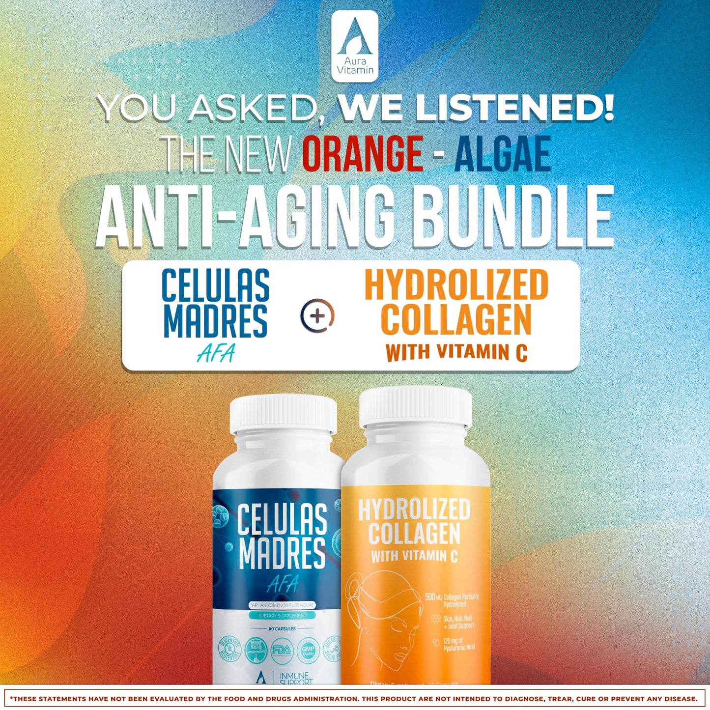 Aura Vitamin Mega Antioxidant Bundle – Hydrolyzed Collagen & AFA Stem Cell | Celula Madre Skin, Hair & Nails (60 Capsules)