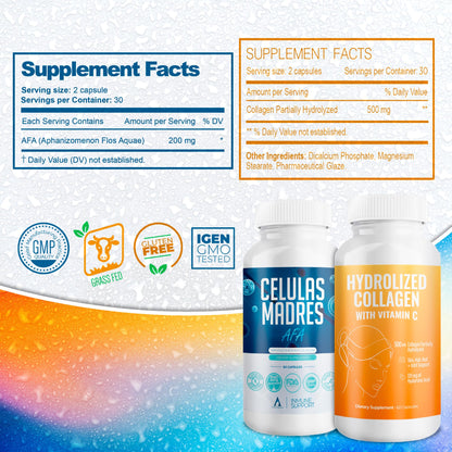 Aura Vitamin Mega Antioxidant Bundle – Hydrolyzed Collagen & AFA Stem Cell | Celula Madre Skin, Hair & Nails (60 Capsules)