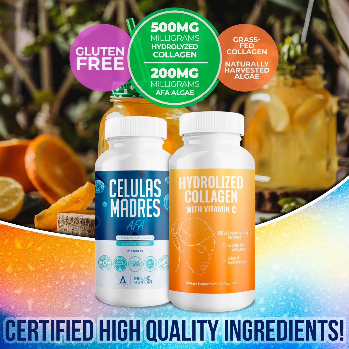 Aura Vitamin Mega Antioxidant Bundle – Hydrolyzed Collagen & AFA Stem Cell | Celula Madre Skin, Hair & Nails (60 Capsules)