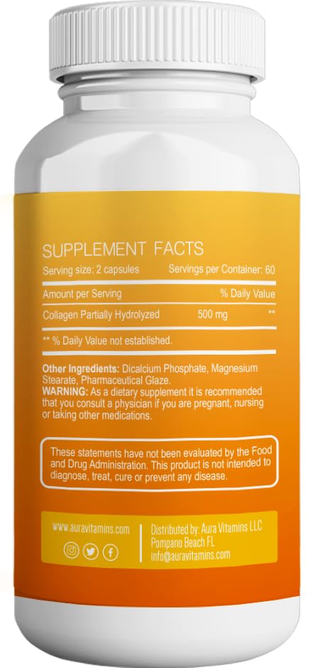 AURA VITAMINS Hydrolyzed Collagen Powder Supplement for Hair, Skin, Nails, Bones & Joints | Grass-Fed Collagen Peptides 200gr