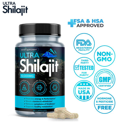 AURA VITAMINS Ultra Shilajit Supplement 10,000mg | 60 Caps | Premium Grade Shilajit Extract for Energy, Vitality & Immune Support