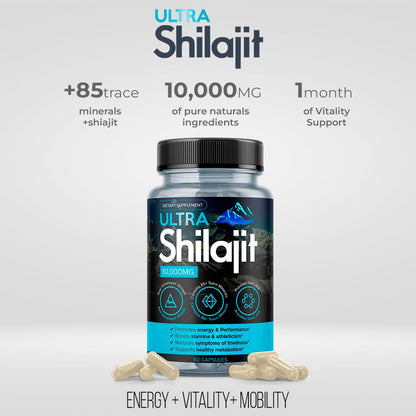 AURA VITAMINS Ultra Shilajit Supplement 10,000mg | 60 Caps | Premium Grade Shilajit Extract for Energy, Vitality & Immune Support