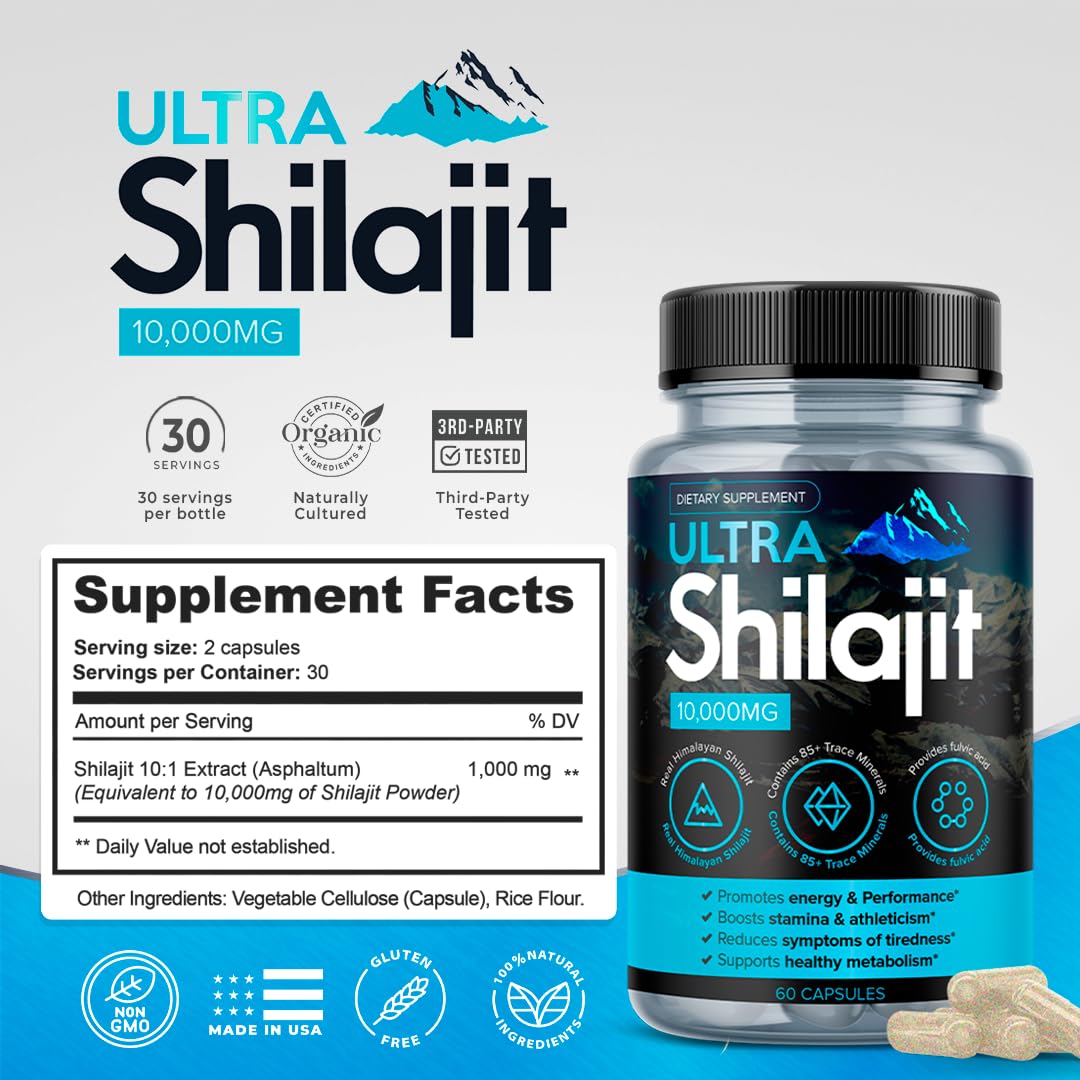 AURA VITAMINS Ultra Shilajit Supplement 10,000mg | 60 Caps | Premium Grade Shilajit Extract for Energy, Vitality & Immune Support
