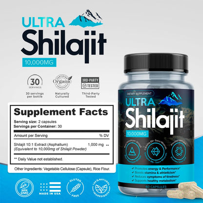 AURA VITAMINS Ultra Shilajit Supplement 10,000mg | 60 Caps | Premium Grade Shilajit Extract for Energy, Vitality & Immune Support