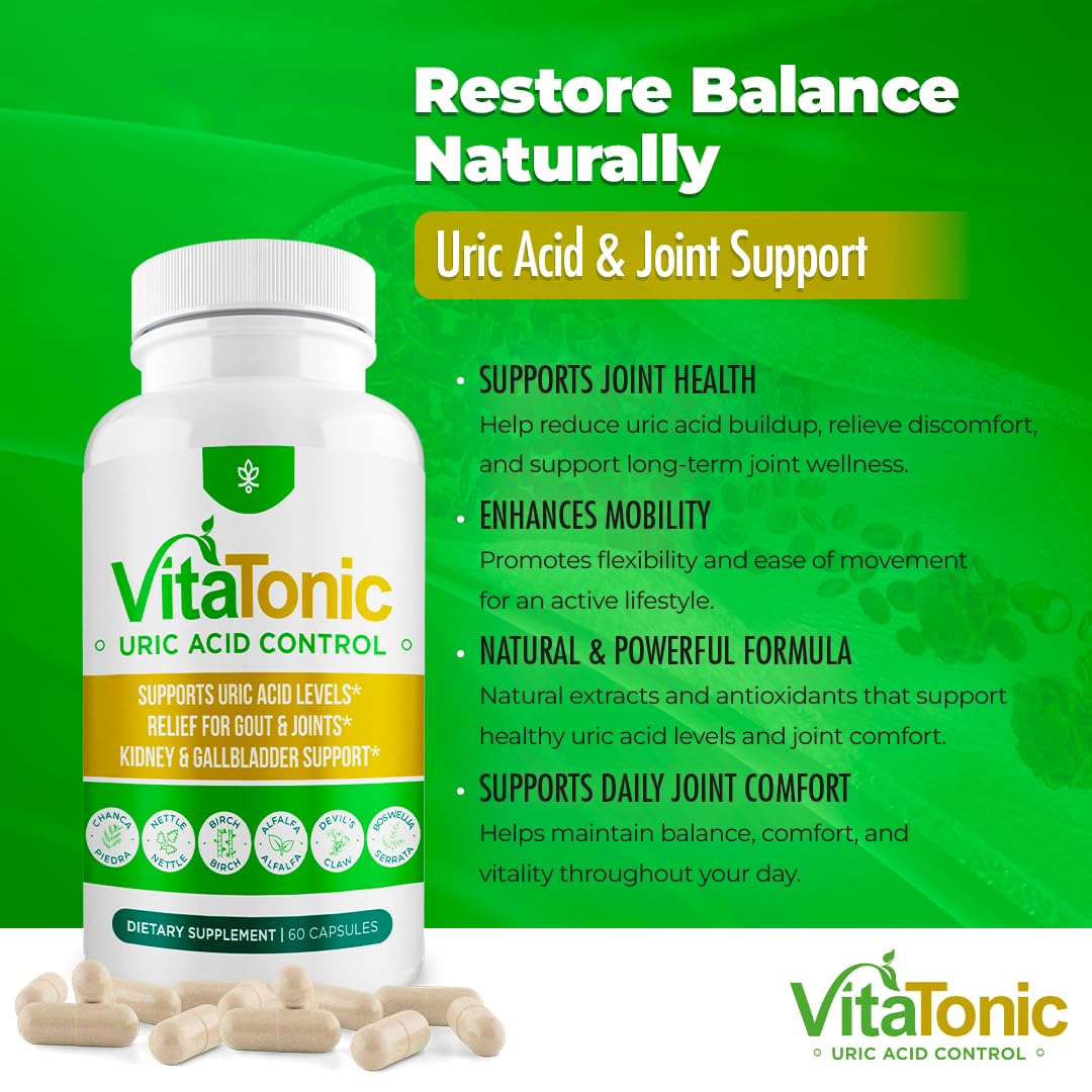 Vitatonic Uric Acid Balancing Aid – AURA VITAMINS | Joint Care Detox for Men & Women | Gluten-Free, GMO-Free | 60 Capsules