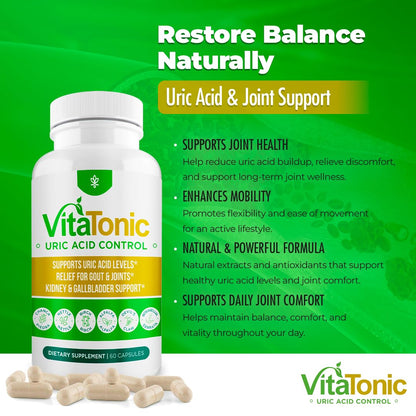 Vitatonic Uric Acid Balancing Aid – AURA VITAMINS | Joint Care Detox for Men & Women | Gluten-Free, GMO-Free | 60 Capsules
