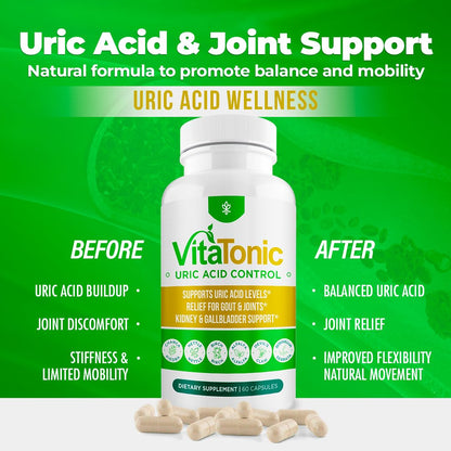 Vitatonic Uric Acid Balancing Aid – AURA VITAMINS | Joint Care Detox for Men & Women | Gluten-Free, GMO-Free | 60 Capsules