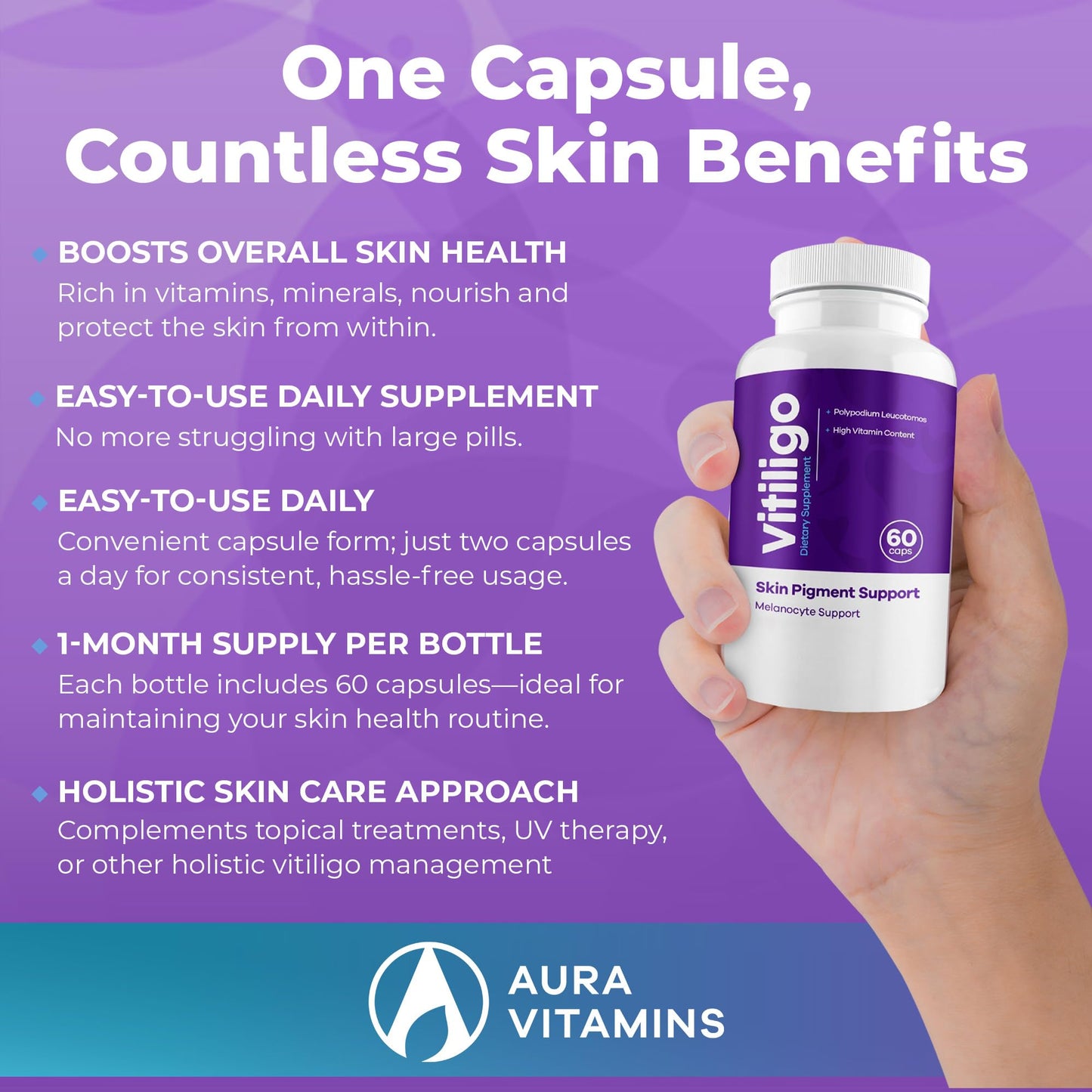 Aura Vitamins Vitiligo Capsules – 60 Count | Pigmentation Support & White Spots