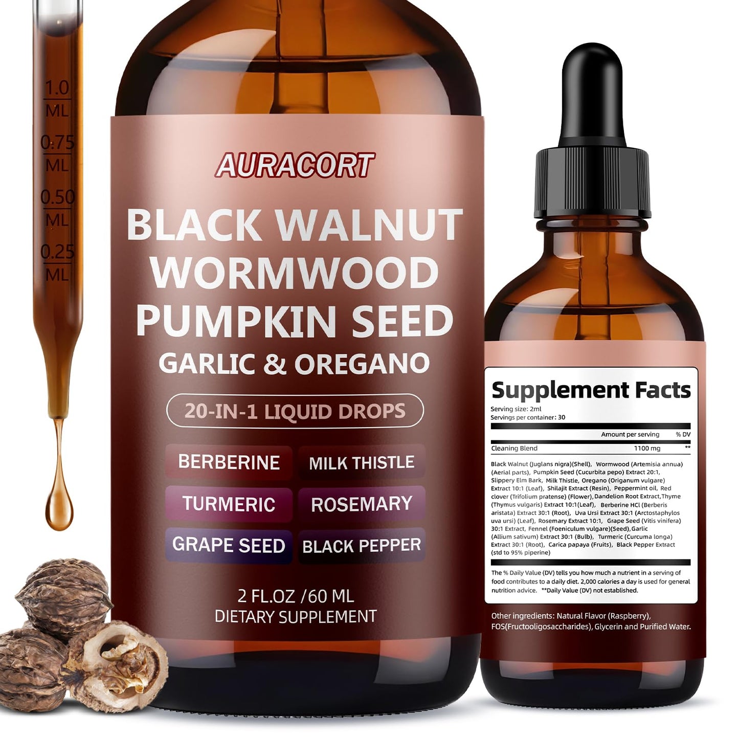AURACORT 21-in-1 Gut Cleanse – Black Walnut, Wormwood & Clove, Alcohol-Free, 2 oz