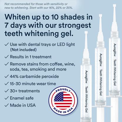 Auraglow 44% Teeth Whitening Gel Syringe Refill Pack - 3x5ml, 44% Carbamide Peroxide, 30 Treatments