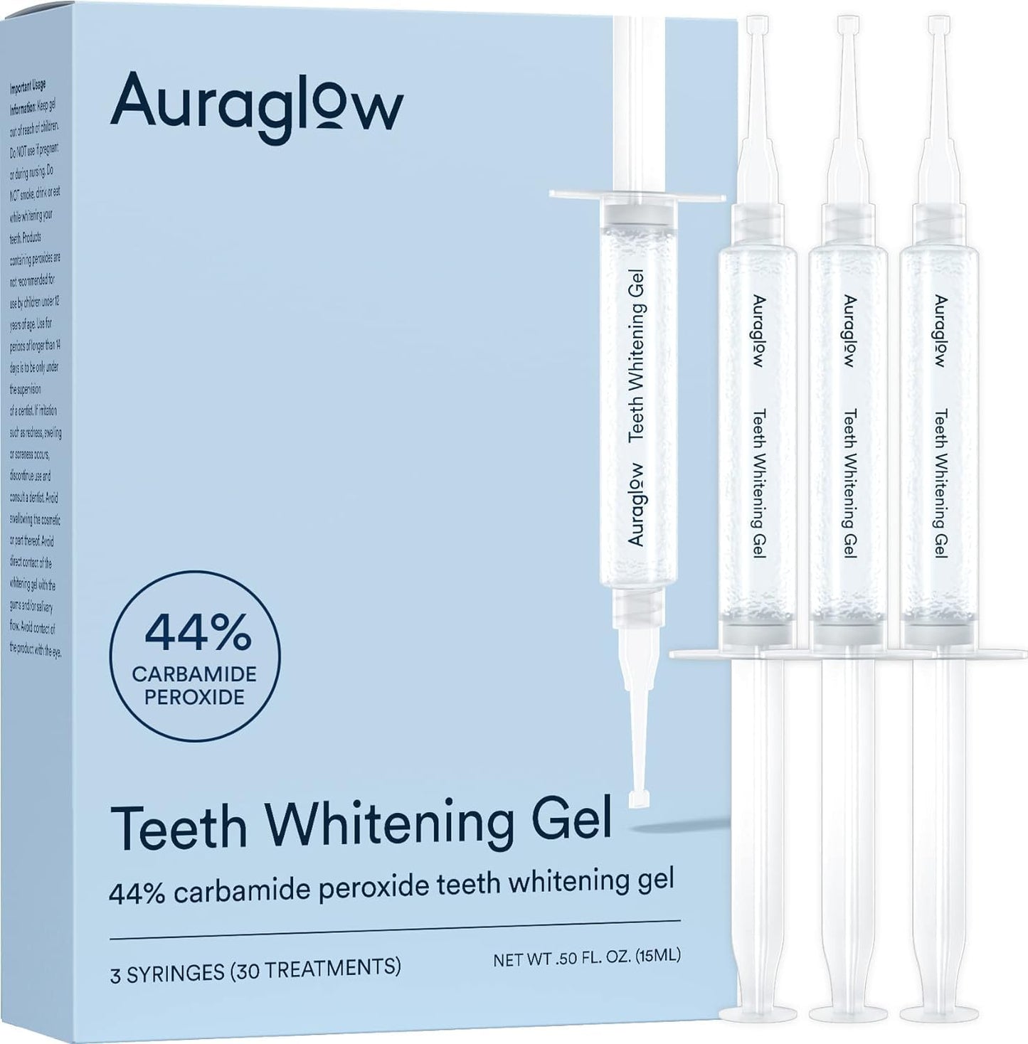 Auraglow 44% Teeth Whitening Gel Syringe Refill Pack - 3x5ml, 44% Carbamide Peroxide, 30 Treatments