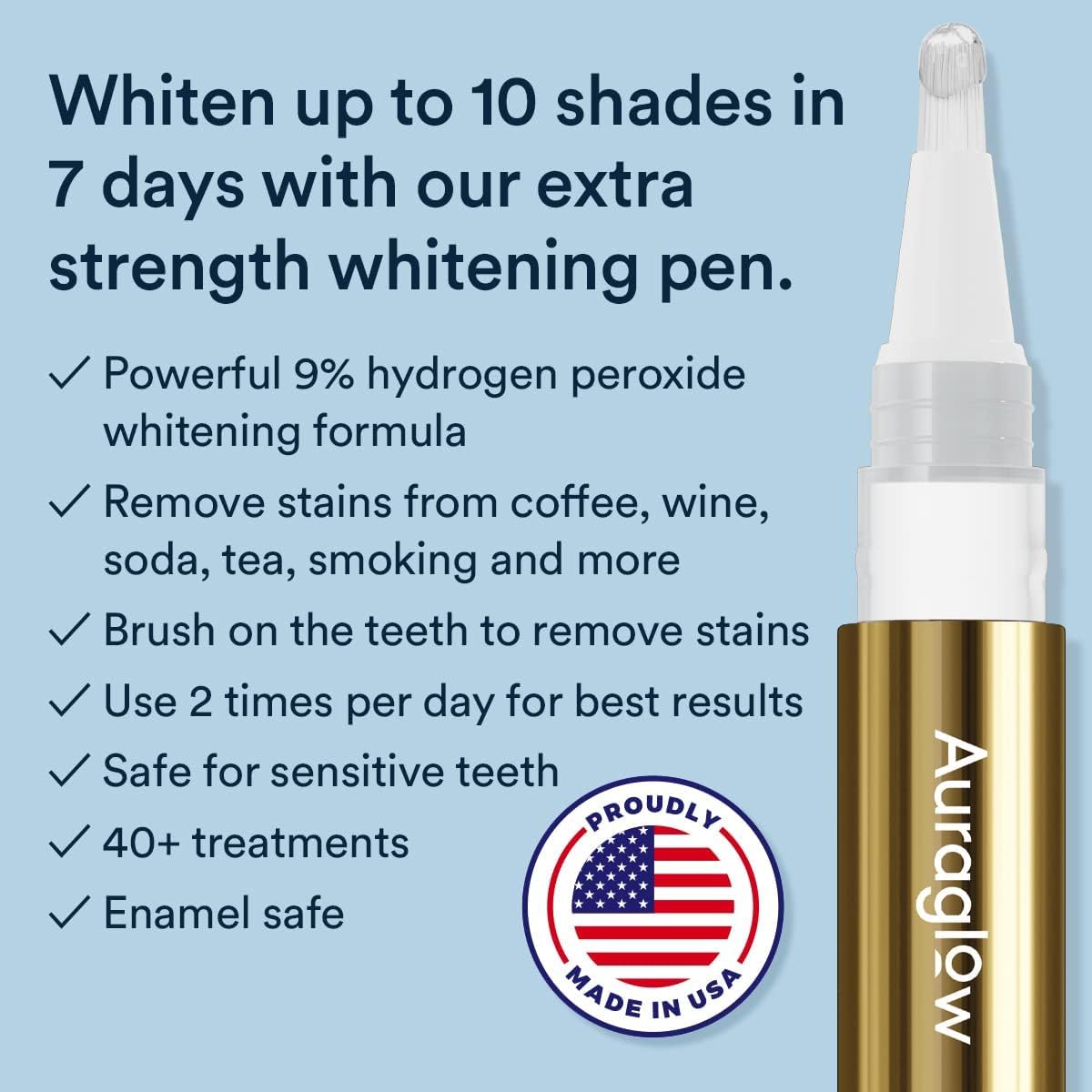 Auraglow Extra Strength Teeth Whitening Pen – 9% Hydrogen Peroxide, 40+ Treatments