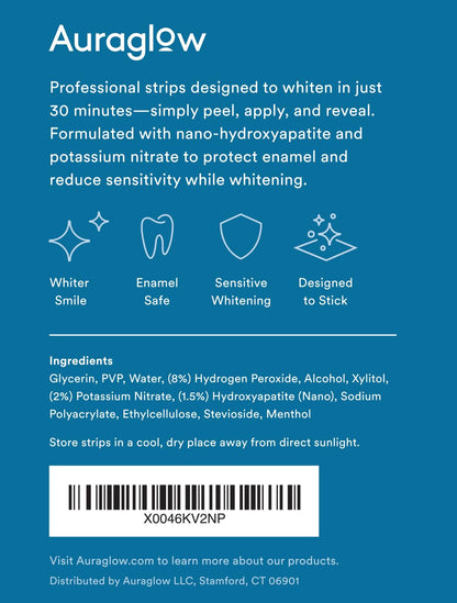 Auraglow Teeth Whitening Strips – 8% Hydrogen Peroxide, Nano-Hydroxyapatite, Sensitive Formula, 28 Strips (14 Treatments) – Mint