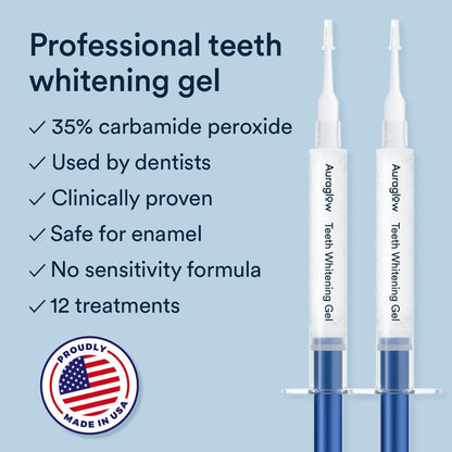 Auraglow Teeth Whitening Kit – Wired LED Accelerator Light, 35% Carbamide Peroxide, 12 Treatments, Whitens Up to 10 Shades in 7 Days