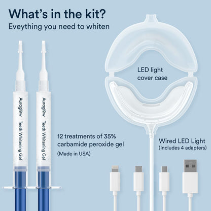 Auraglow Teeth Whitening Kit – Wired LED Accelerator Light, 35% Carbamide Peroxide, 12 Treatments, Whitens Up to 10 Shades in 7 Days