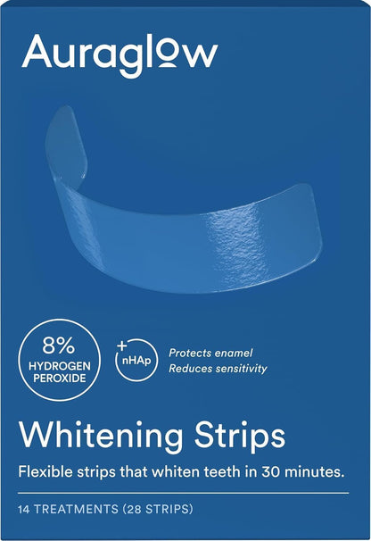 Auraglow Teeth Whitening Strips – 8% Hydrogen Peroxide, Nano-Hydroxyapatite, Sensitive Formula, 28 Strips (14 Treatments) – Mint