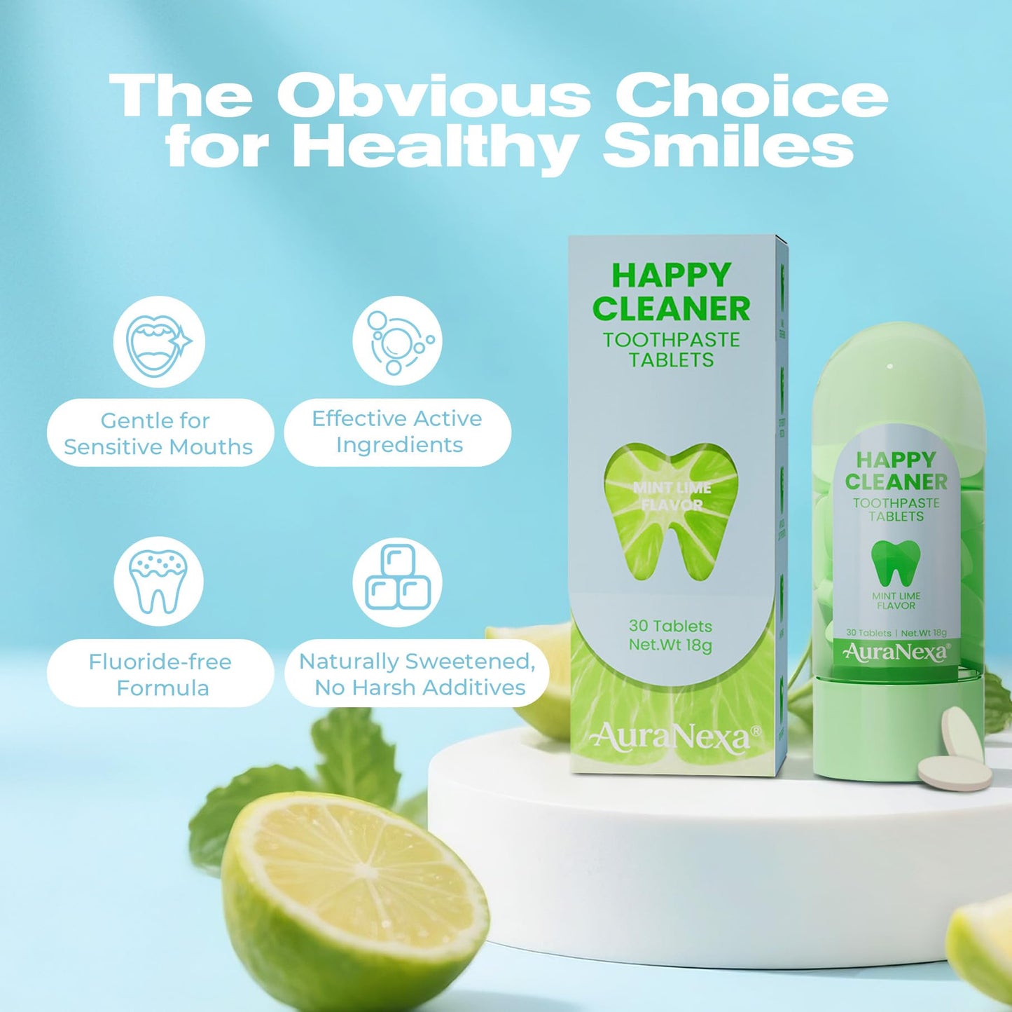 Auranexa Happy Cleaner Toothpaste Tablets – Mixed Pack (Watermelon Mint & Mint Lime) Fluoride-Free Nano Hydroxyapatite
