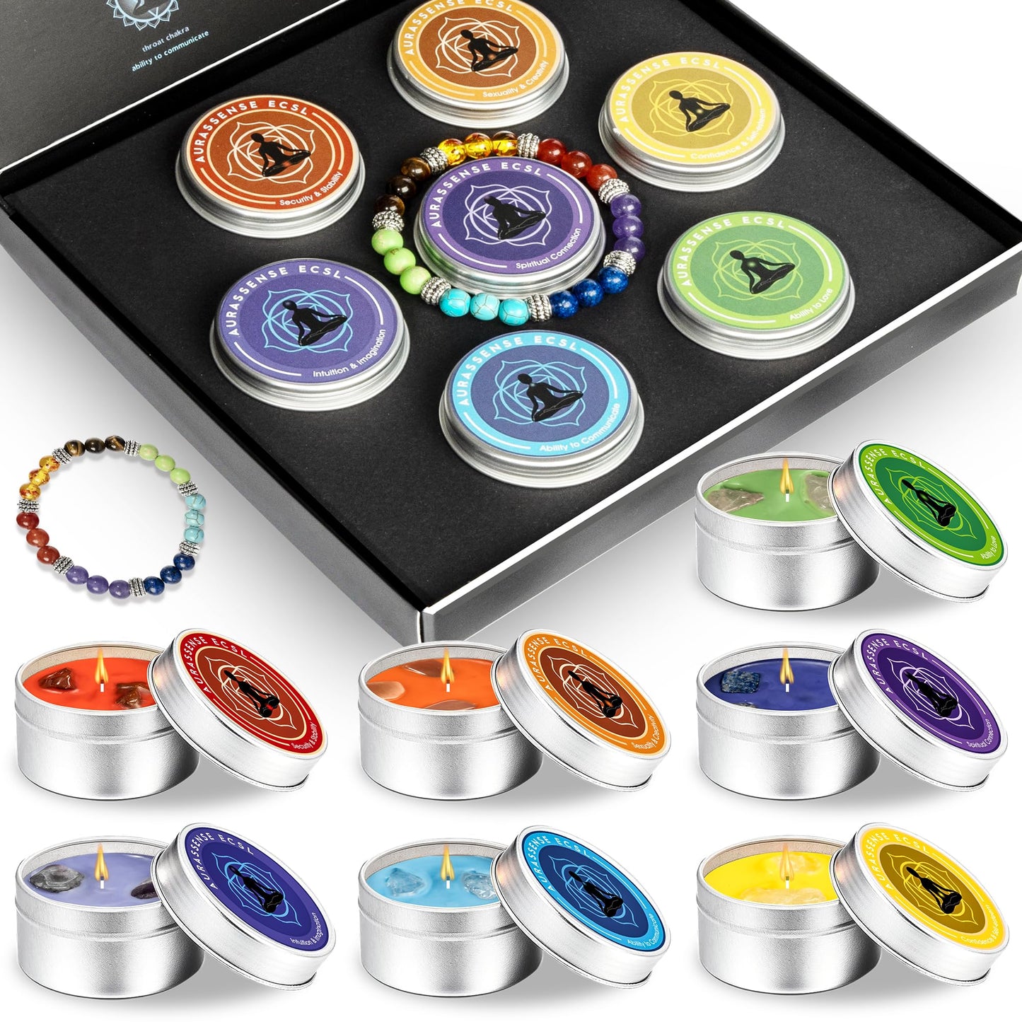 AurassenseECSL Seven Chakra Candles Gift Set with Crystals & Bracelet