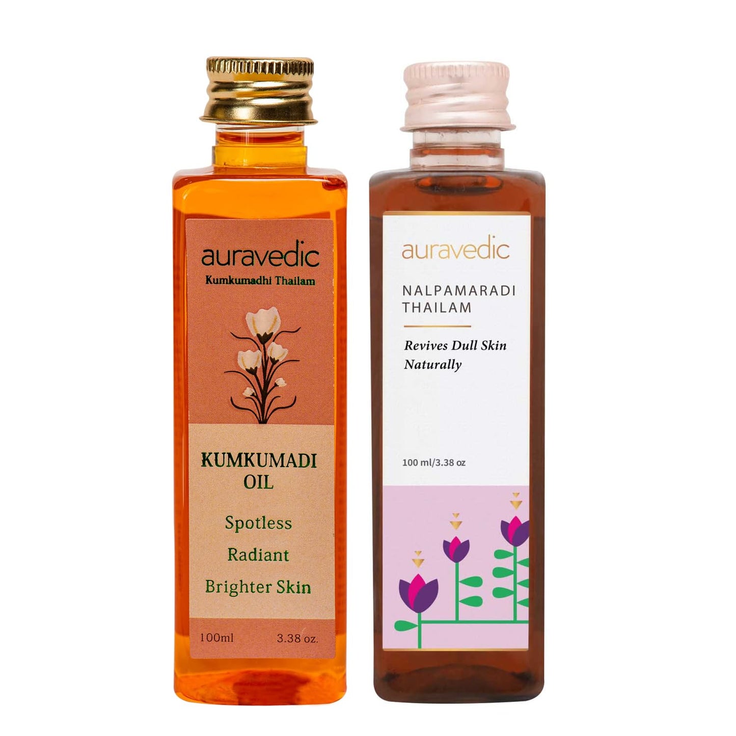 Auravedic Kumkumadi & Nalpamaradi Thailam Combo – Ayurvedic Face & Body Oil (3.38 oz, Pack of 2)