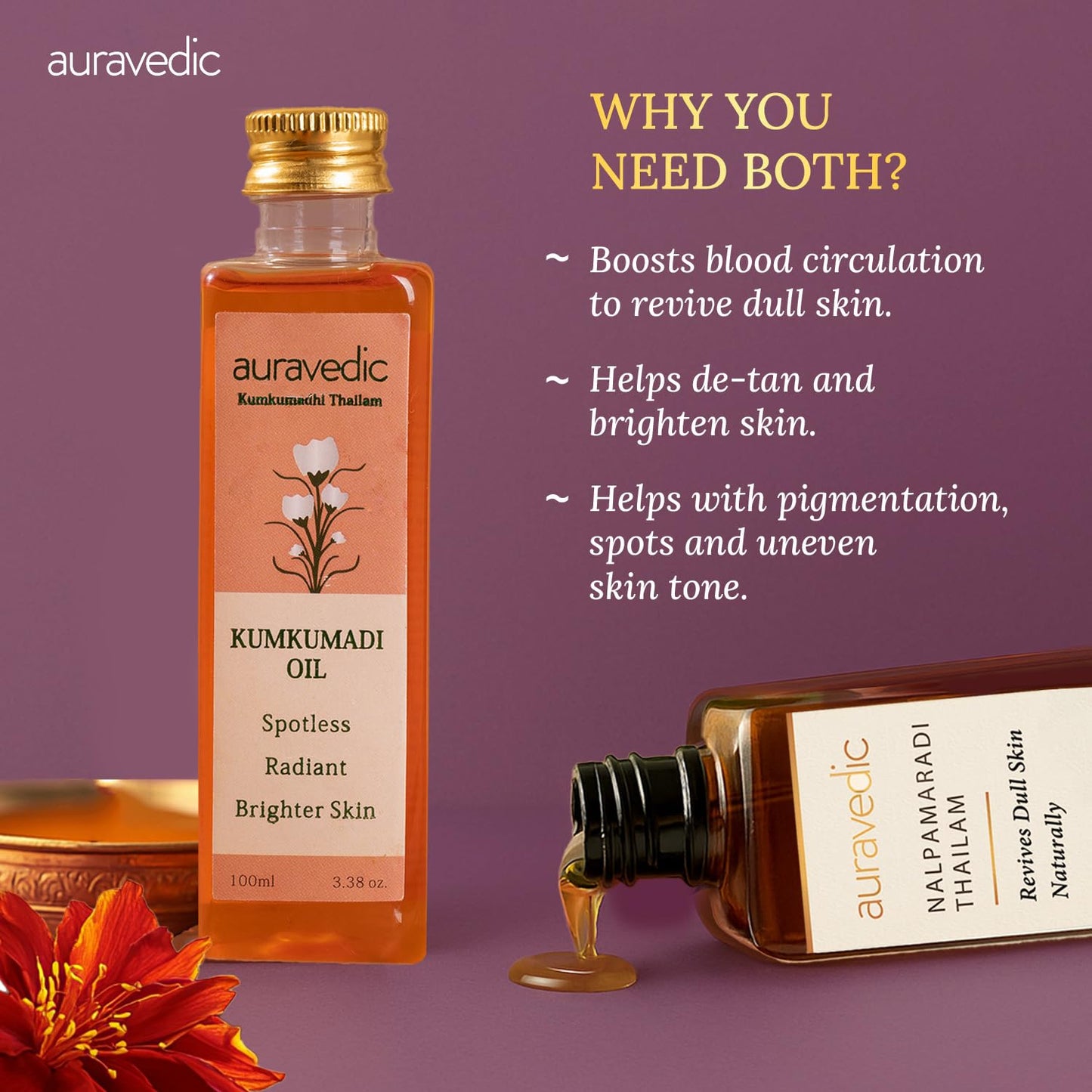 Auravedic Kumkumadi & Nalpamaradi Thailam Combo – Ayurvedic Face & Body Oil (3.38 oz, Pack of 2)