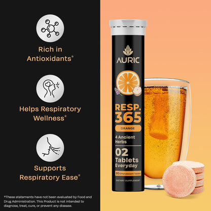 Auric Resp 365 20 Tablets | Natural Lung Detox with NAC, Pushkarmool, Piper Longum & Licorice