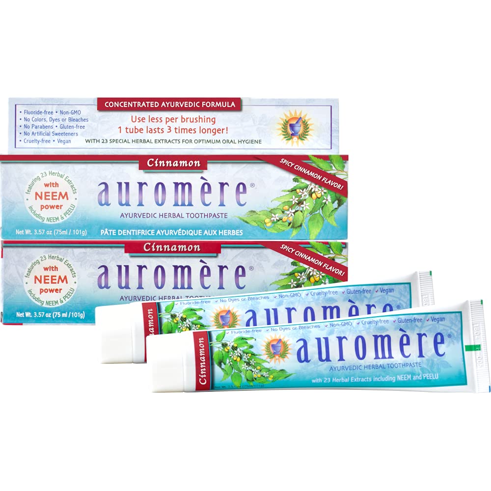 Auromere Ayurvedic Cinnamon Toothpaste - Vegan, Fluoride Free, Neem & Peelu, 2-Pack