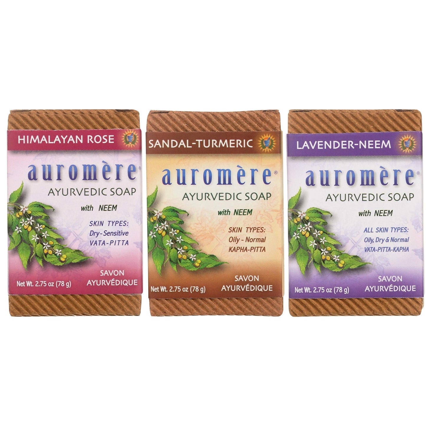 Auromere Ayurvedic Soap Variety Pack – 3 x 2.75oz Handmade Vegan Bars with Neem & Ayurvedic Herbs