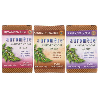 Auromere Ayurvedic Soap Variety Pack – 3 x 2.75oz Handmade Vegan Bars with Neem & Ayurvedic Herbs