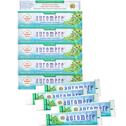 Auromere Ayurvedic Fresh Mint Toothpaste – Neem & Peelu, Vegan, Fluoride Free, 4.16 oz, 5 Pack