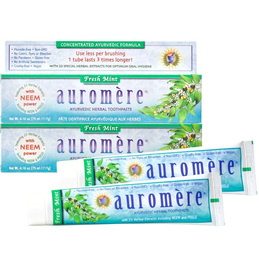 Auromere Ayurvedic Herbal Toothpaste - Fresh Mint, 4.16 oz, 2 Pack | Vegan, Fluoride Free, Gluten Free