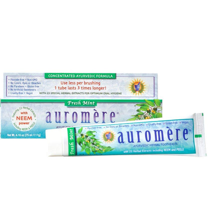 Auromere Ayurvedic Toothpaste – Fresh Mint, 4.16 oz, Vegan, Fluoride-Free, Gluten-Free | Neem & Peelu | 1 Pack
