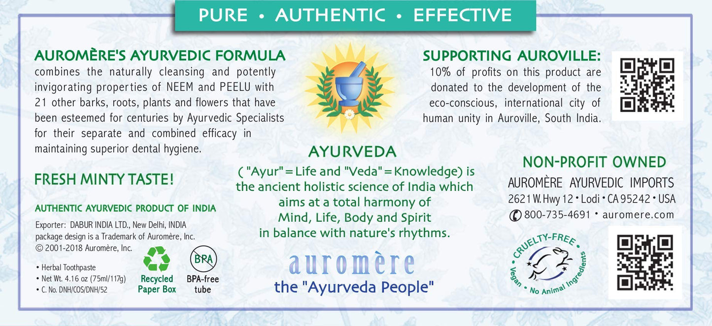 Auromere Ayurvedic Toothpaste – Fresh Mint, 4.16 oz, Vegan, Fluoride-Free, Gluten-Free | Neem & Peelu | 1 Pack
