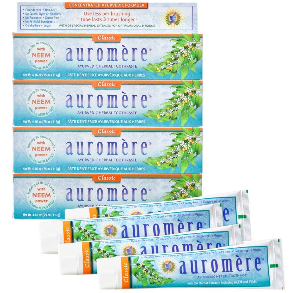 Auromere Ayurvedic Toothpaste – Licorice, Vegan, Fluoride Free, Neem & Peelu (4.16 oz) 4 Pack