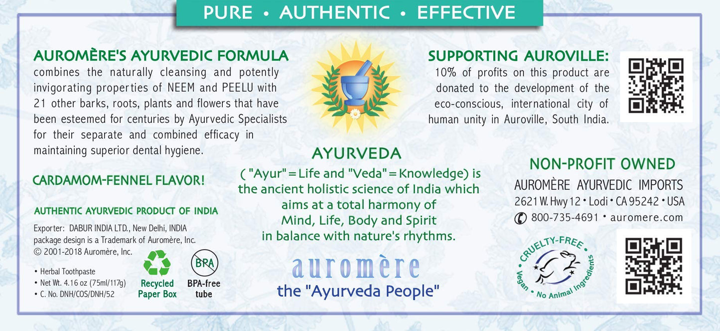 Auromere Ayurvedic Toothpaste – Cardamom Fennel, Foam-Free (4.16 oz)