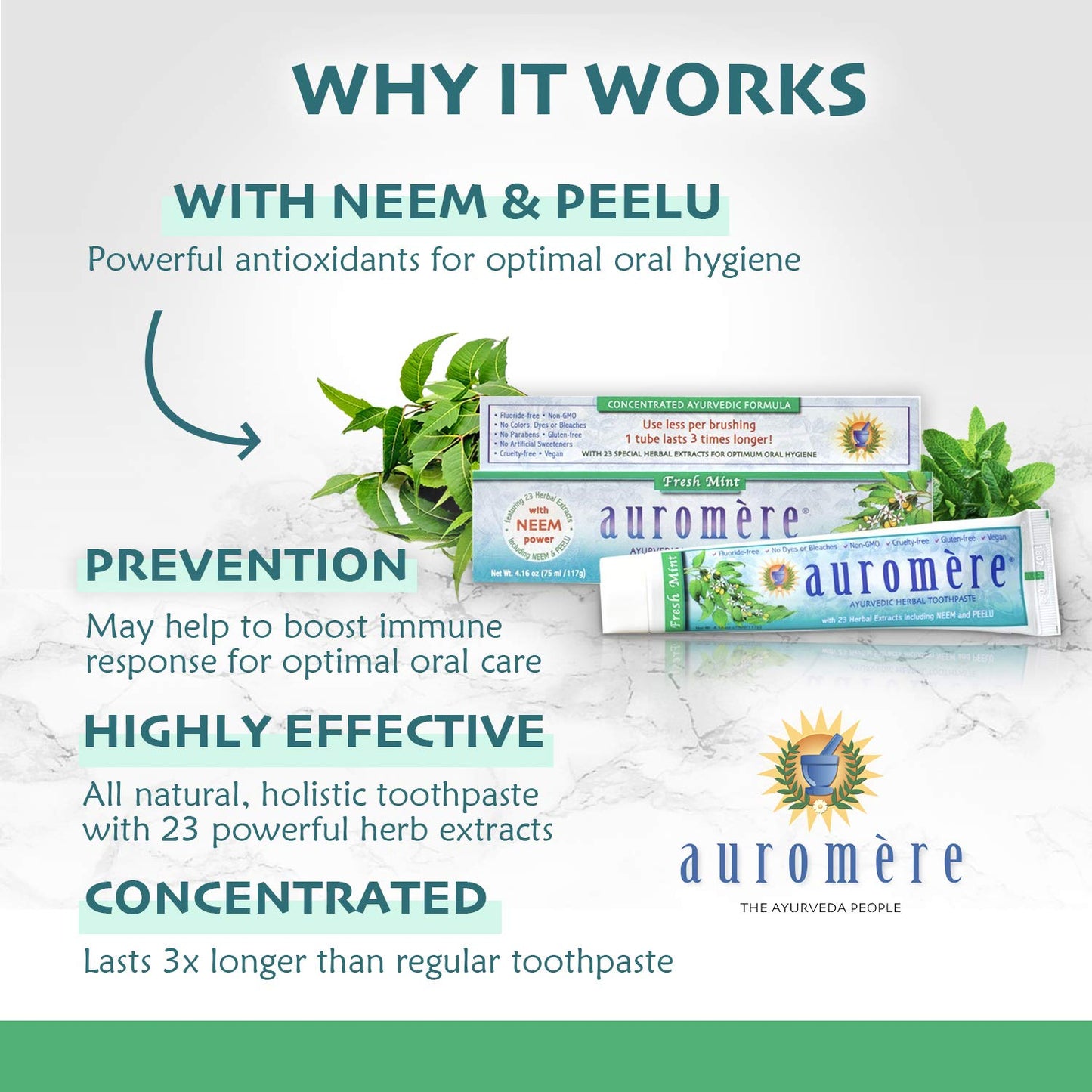 Auromere Ayurvedic Toothpaste – Fresh Mint, 4.16 oz, Vegan, Fluoride-Free, Gluten-Free | Neem & Peelu | 1 Pack