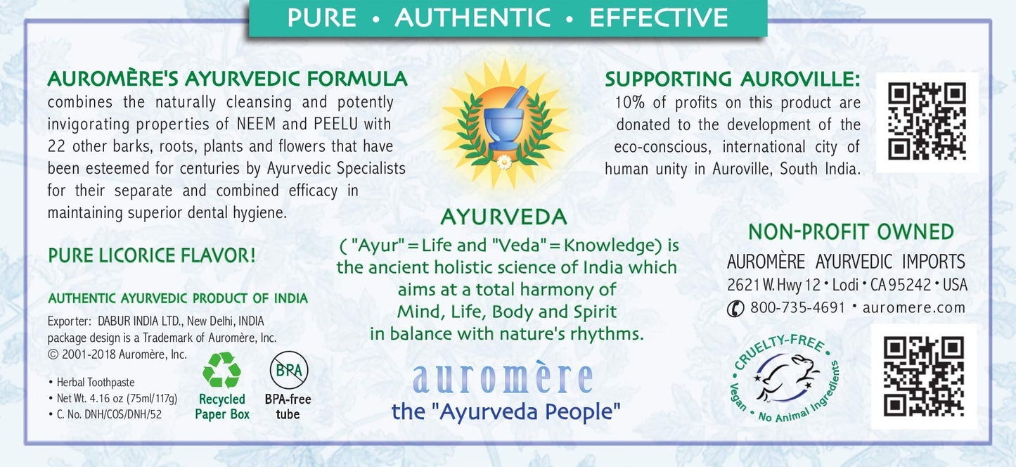 Auromere Ayurvedic Toothpaste Mint Free - Vegan, Fluoride Free, Neem & Peelu (4.16 oz)