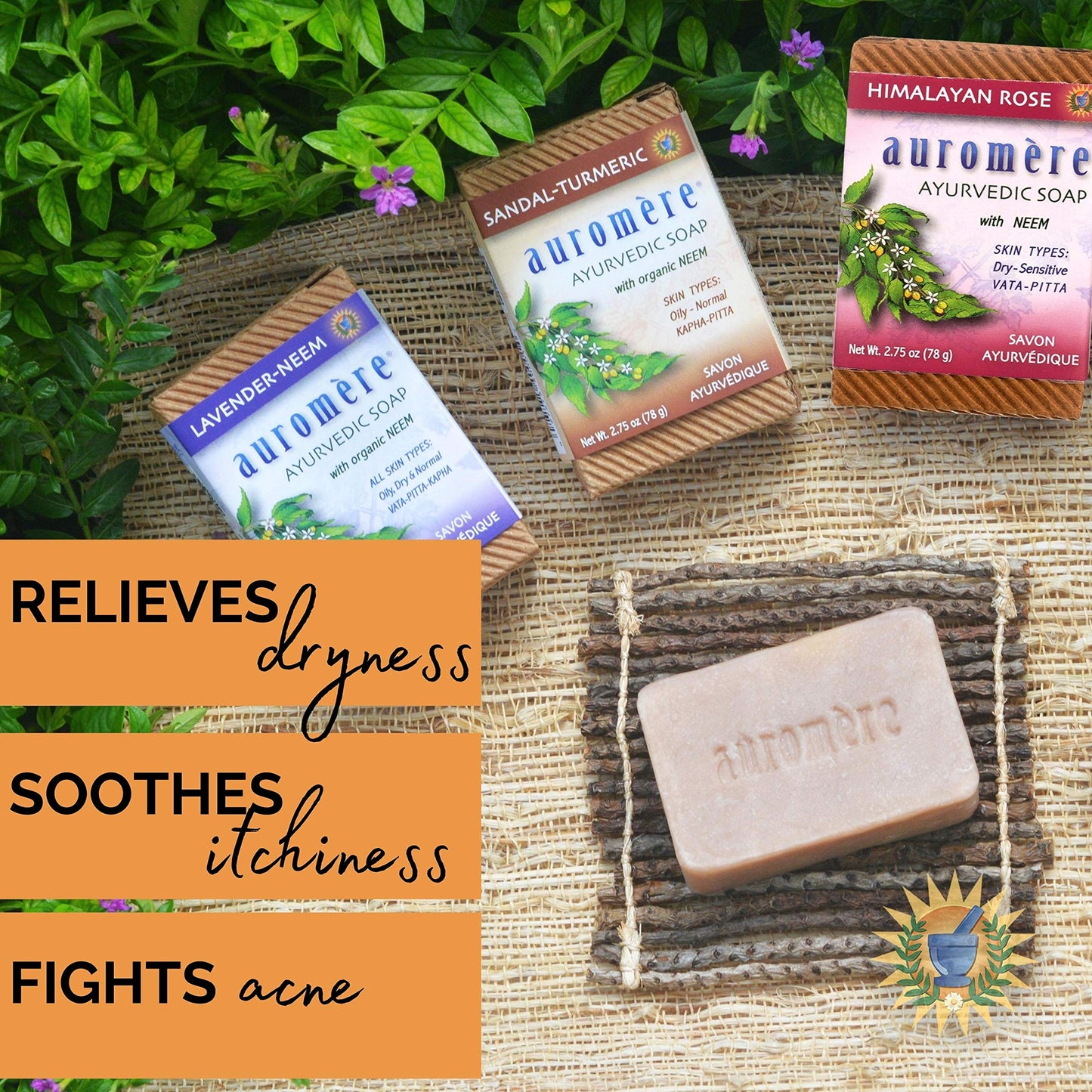 Auromere Ayurvedic Soap Variety Pack – 3 x 2.75oz Handmade Vegan Bars with Neem & Ayurvedic Herbs