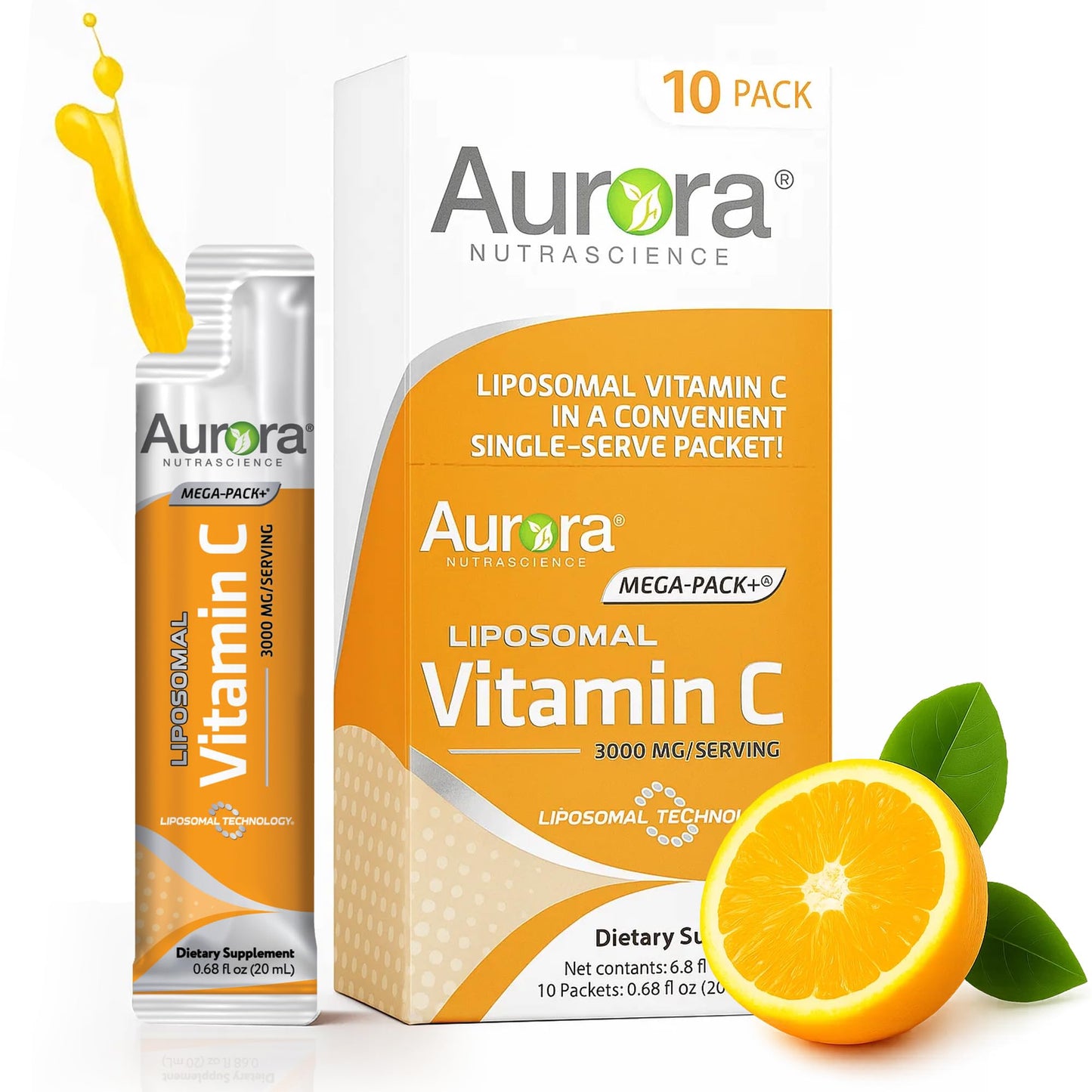 Aurora Nutrascience Liposomal Vitamin C Mega-Pack – Immune Support, 3,000 mg/Serving, 10 Packets (Vegan, Gluten Free, Non-GMO) – Orange