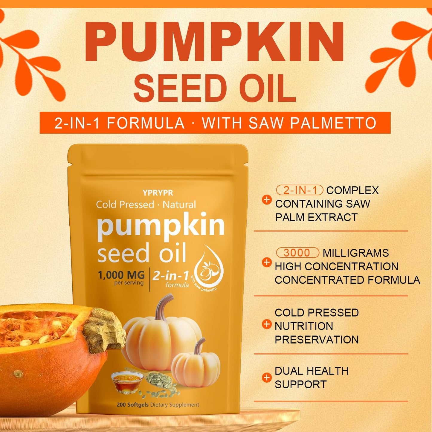 Aurove Pumpkin Seed Oil with Saw Palmetto Capsules — Cold Pressed, 200 Softgels